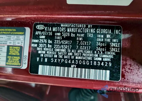 2016 Kia Sorento Lx z USA, uszkodzony, nr VIN 5XYPG4A30GG183429